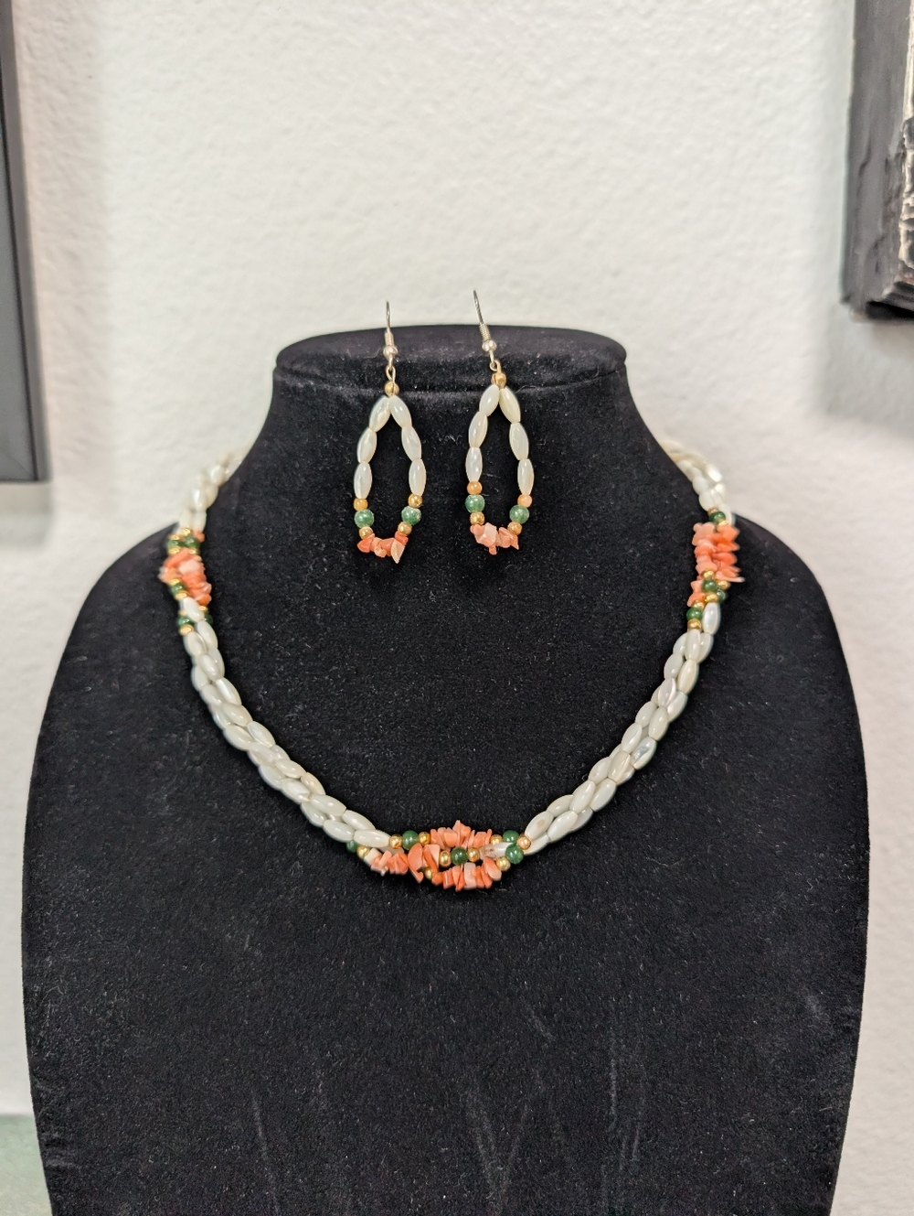 Braided Coral Rice Pearl Beaded Jade Vintage Necklace & Earrings Set Natural